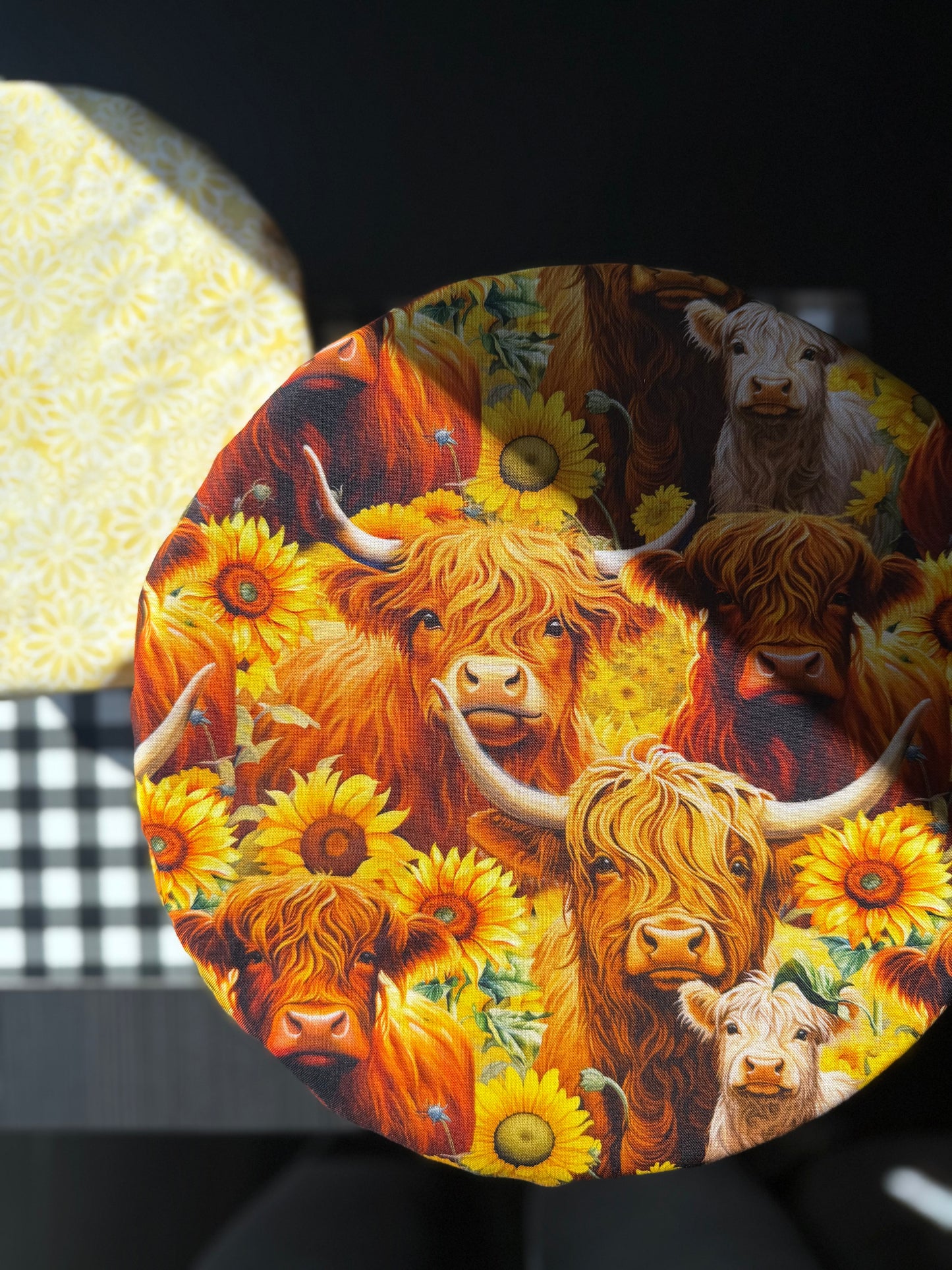 Reversible Cotton Bowl Cover - Highland Cow & Sunflower