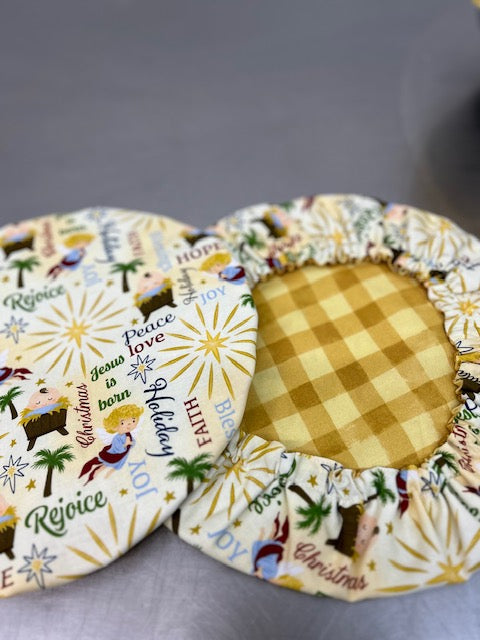Away in a Manger with GOLD gingham reversible bowl cover
