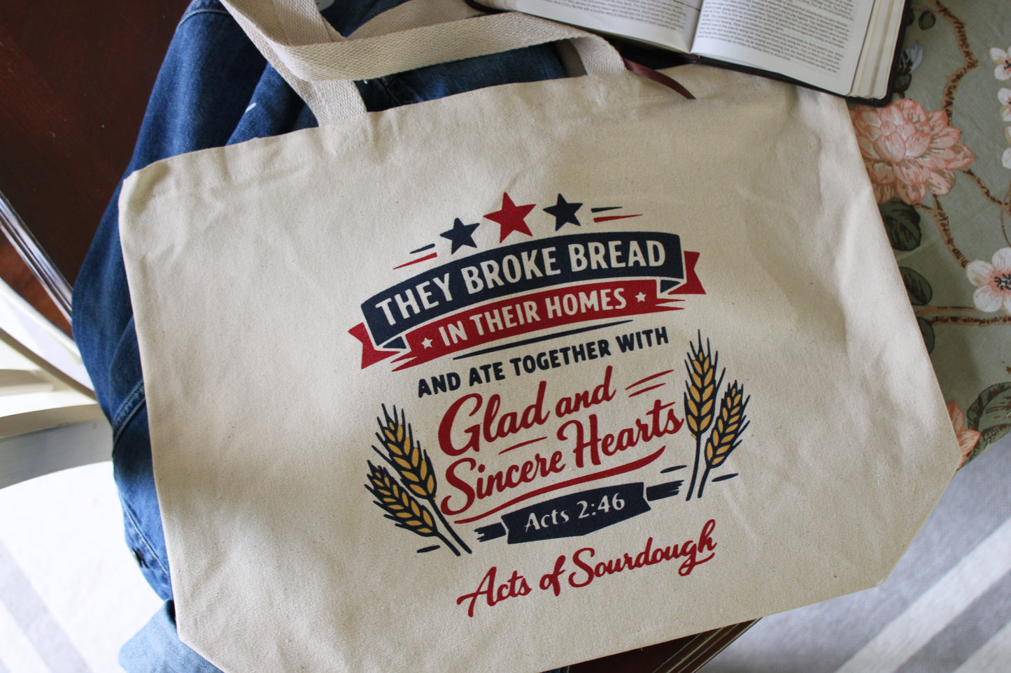 Acts 2:46 Jumbo Tote Bag – Americana Canvas Tote