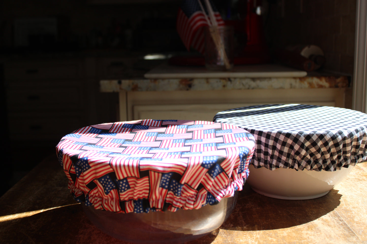 Woven Flags Bowl Cover | Red or Black Gingham
