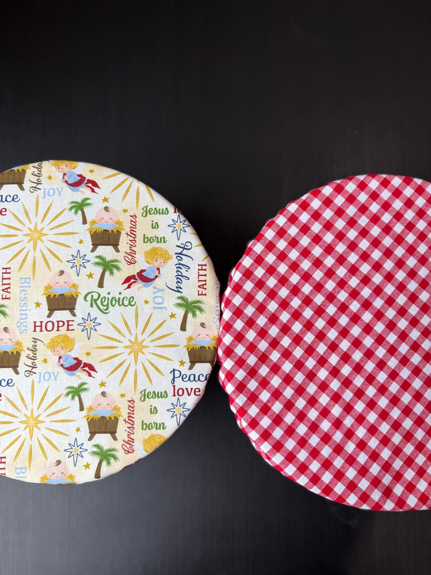 Away in a Manger + RED gingham bowl cover