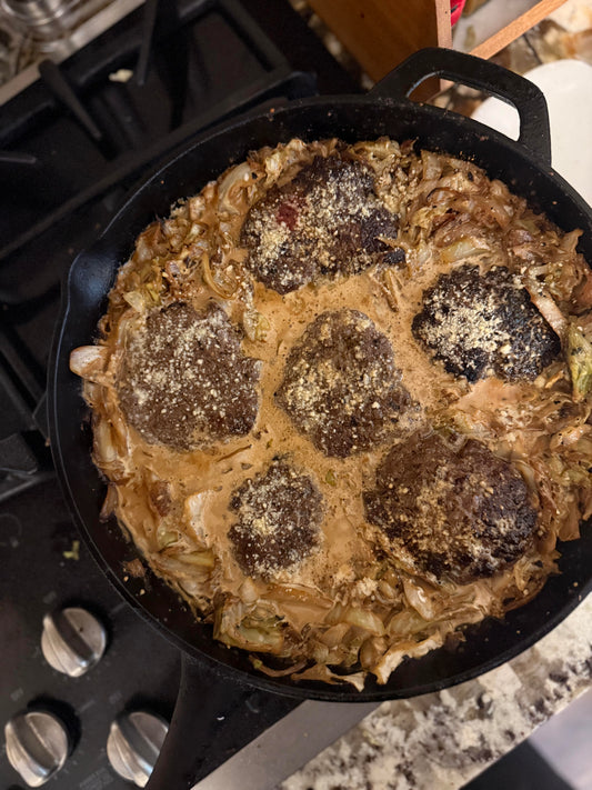 Beef Patty and Cabbage Alfredo Skillet
