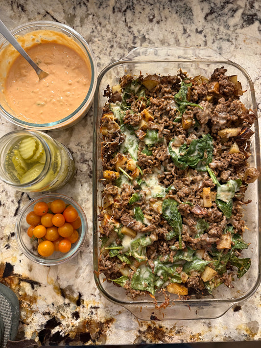 Cheeseburger Casserole with Spinach and Potatoes