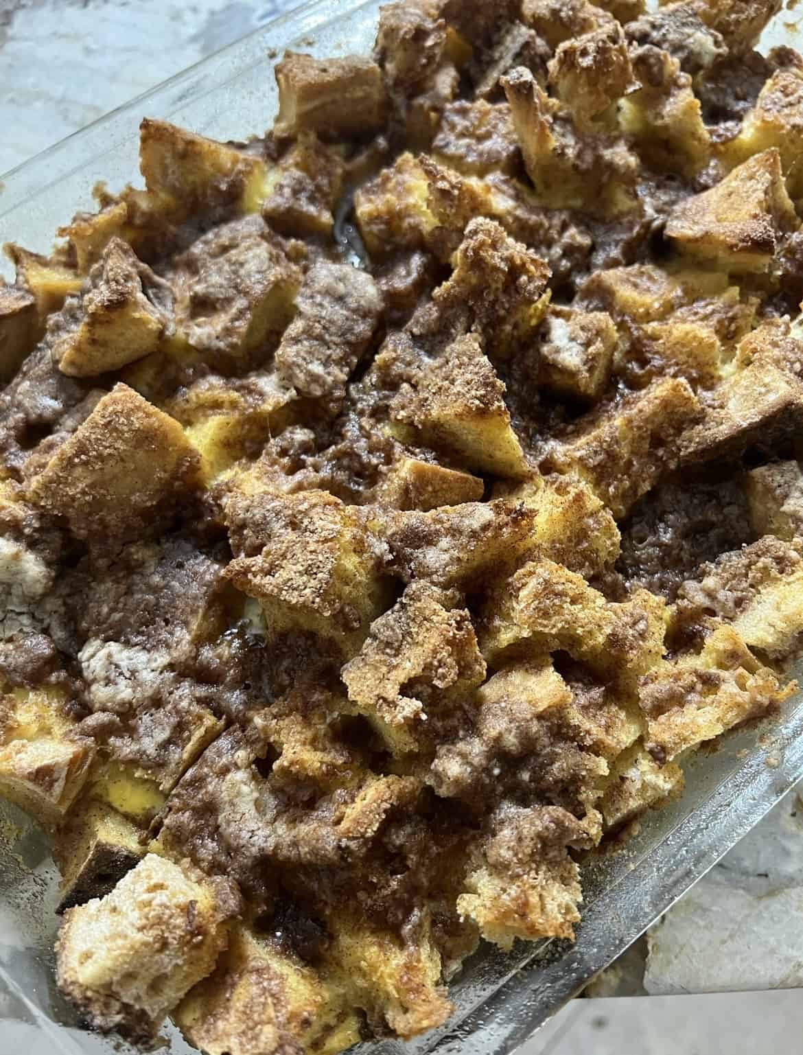 French toast casserole in a baking dish