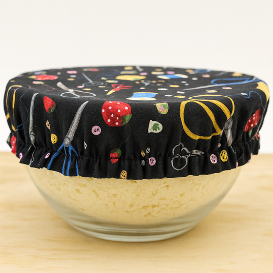 Reversible Cotton Bowl Cover – Sewing Print & Red Polka Dot