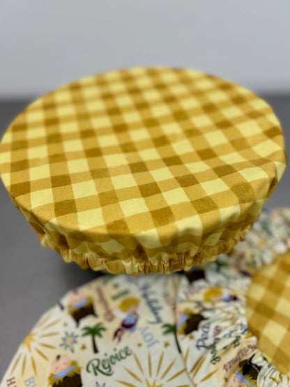 Away in a Manger with GOLD gingham reversible bowl cover