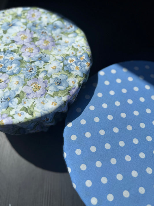 Blue Pansies + Polka Dots Reversible Bowl Cover