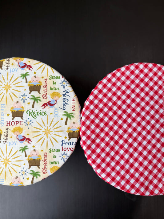 Away in a Manger + RED gingham bowl cover