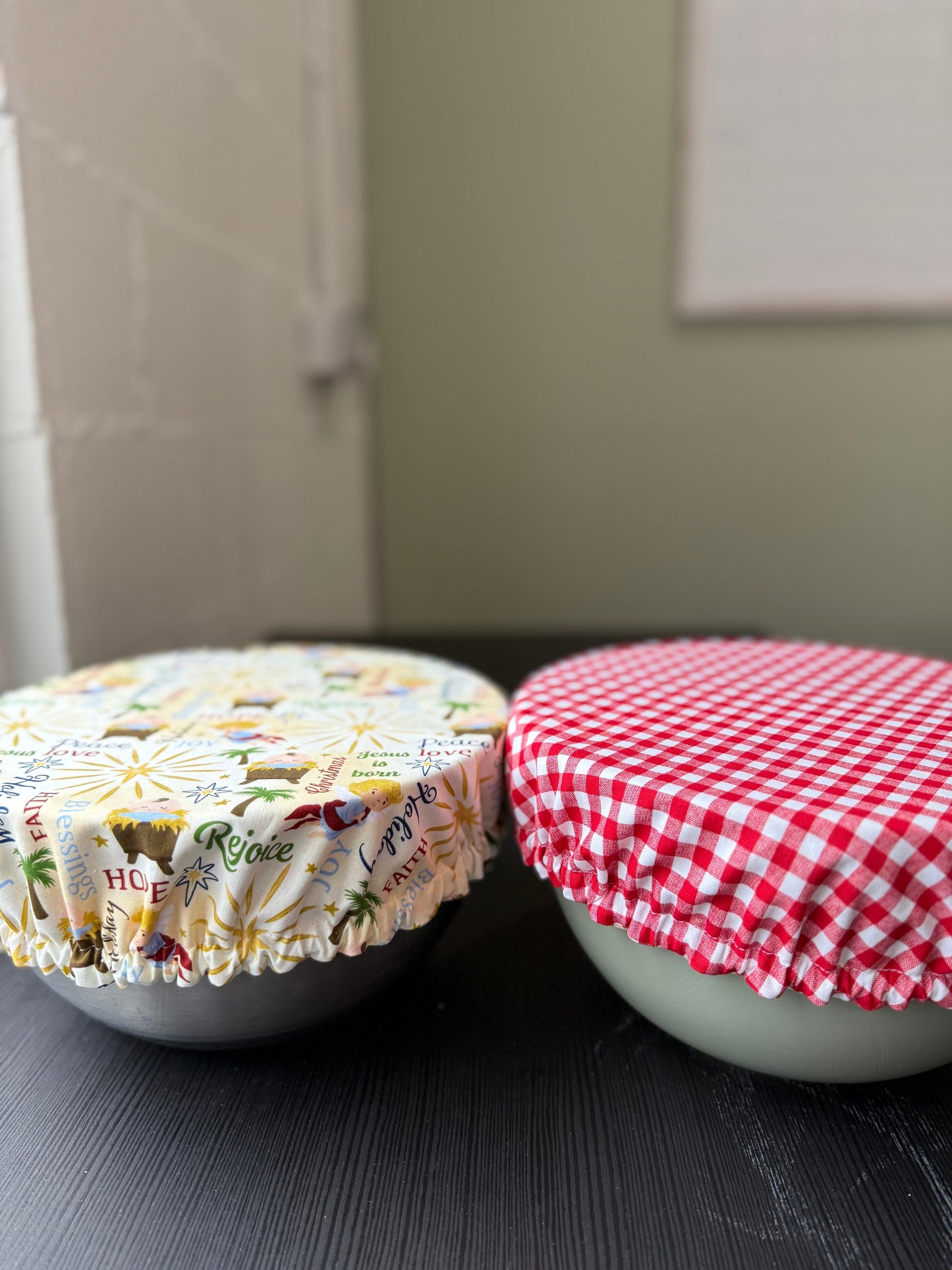 Away in a Manger + RED gingham bowl cover