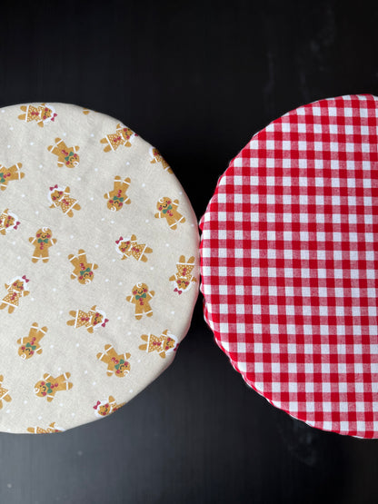 Gingerbread Men & Red Gingham Reversible Bowl Cover