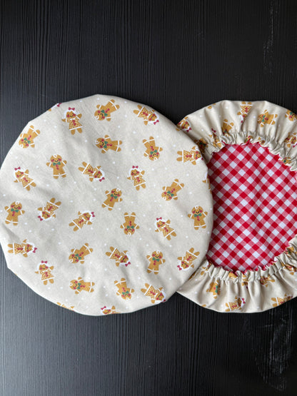 Gingerbread Men & Red Gingham Reversible Bowl Cover