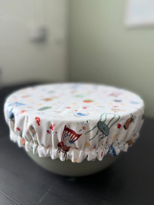 Reversible Cotton Bowl Cover – Chickens and Chairs