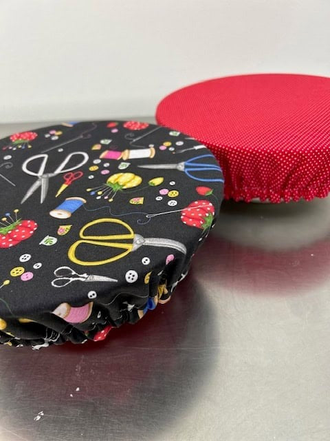 Reversible Cotton Bowl Cover – Sewing Print & Red Polka Dot