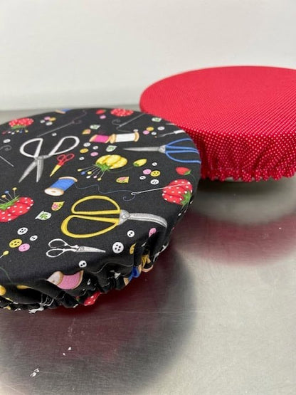Reversible Cotton Bowl Cover – Sewing Print & Red Polka Dot