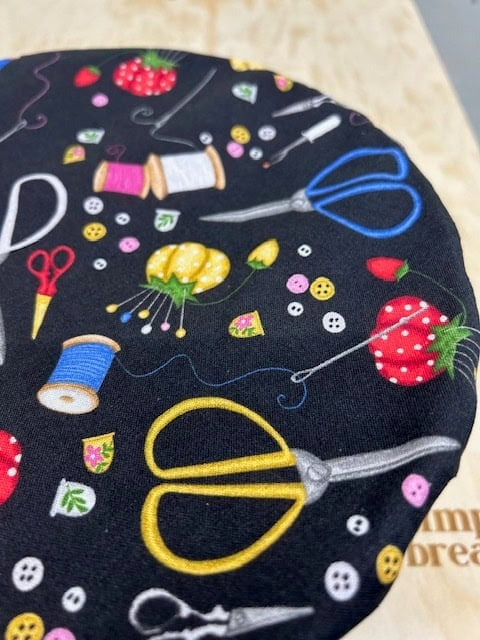 Reversible Cotton Bowl Cover – Sewing Print & Red Polka Dot
