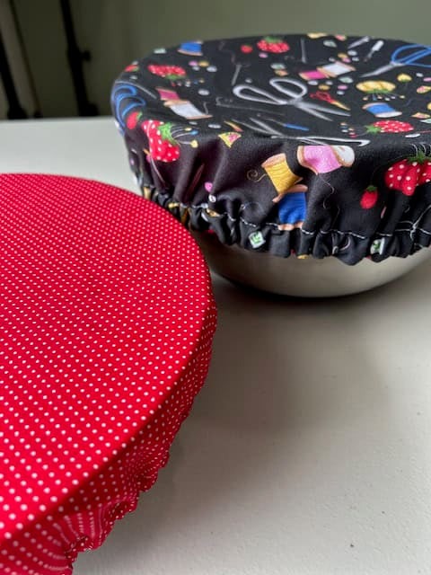 Reversible Cotton Bowl Cover – Sewing Print & Red Polka Dot
