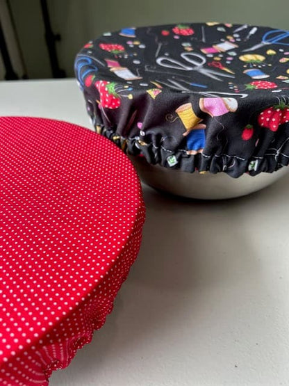 Reversible Cotton Bowl Cover – Sewing Print & Red Polka Dot