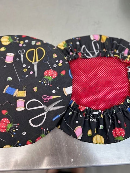 Reversible Cotton Bowl Cover – Sewing Print & Red Polka Dot