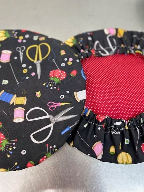 Reversible Cotton Bowl Cover – Sewing Print & Red Polka Dot